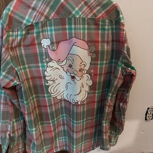 Festive Plaid Button Down Shirt - Green and pink